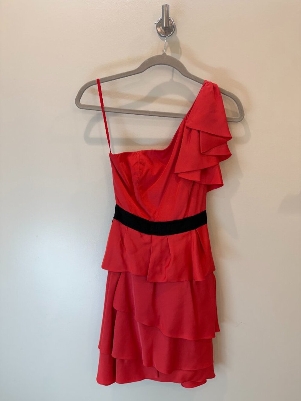 BCBGMAXAZRIA Coral Passion Tiered Ruffle Mini Dress